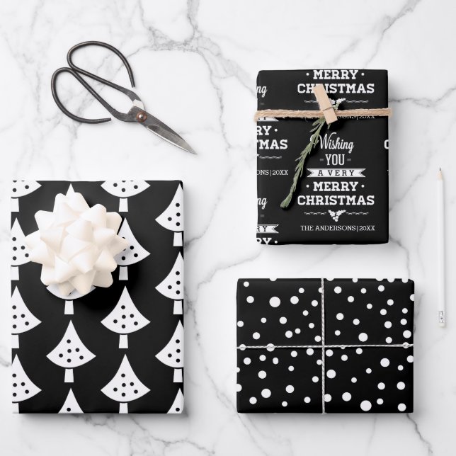 Black white trees, snowflakes and wishes Christmas Wrapping Paper Sheet (Front)