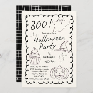 Black & White Trendy Hand Drawn Halloween Party Invitation