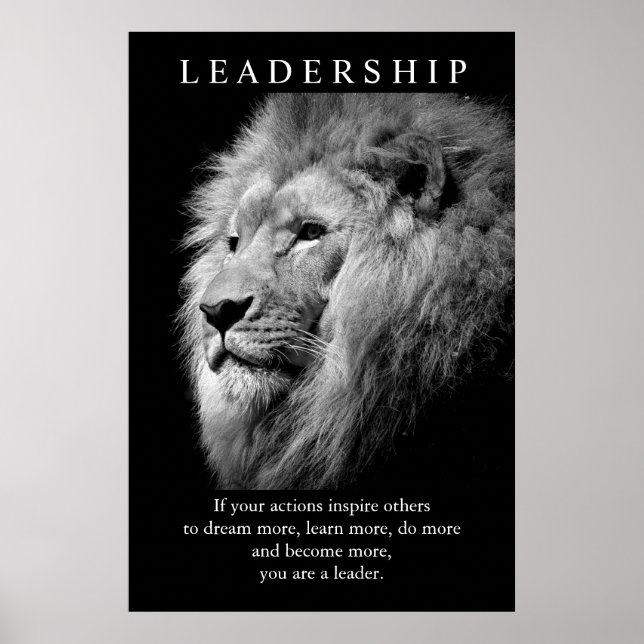 Black White Trendy Motivational Leadership Lion Poster (Front)