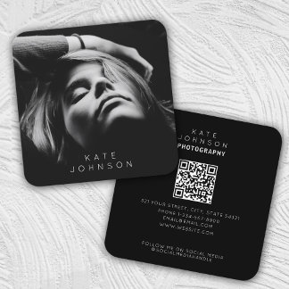 Black & White Trendy Stylish Full Photo QR Code Square Business Card