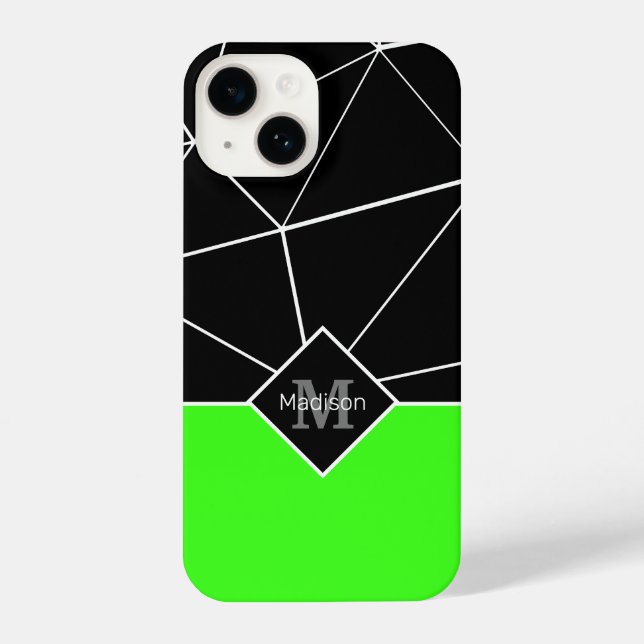 Black white triangle geometry neon green Monogram iPhone Case (Back)