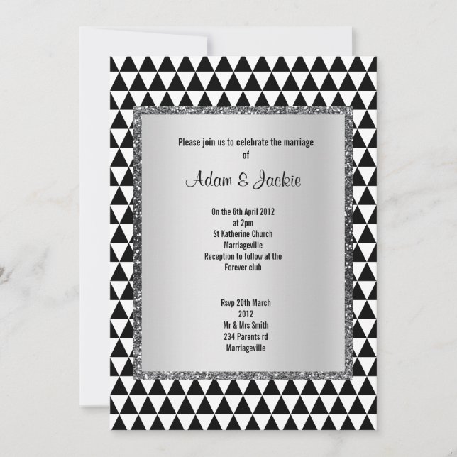 Black white triangle pattern modern glitter invitation (Front)