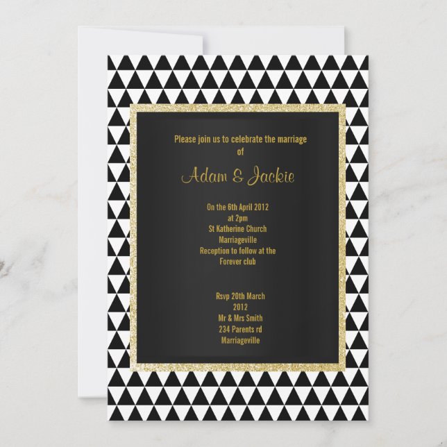 Black white triangle pattern modern gold wedding invitation (Front)