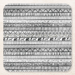 Black White Tribal African Pattern Trendy Design Square Paper Coaster