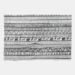 Black White Tribal African Pattern Trendy Design Tea Towel