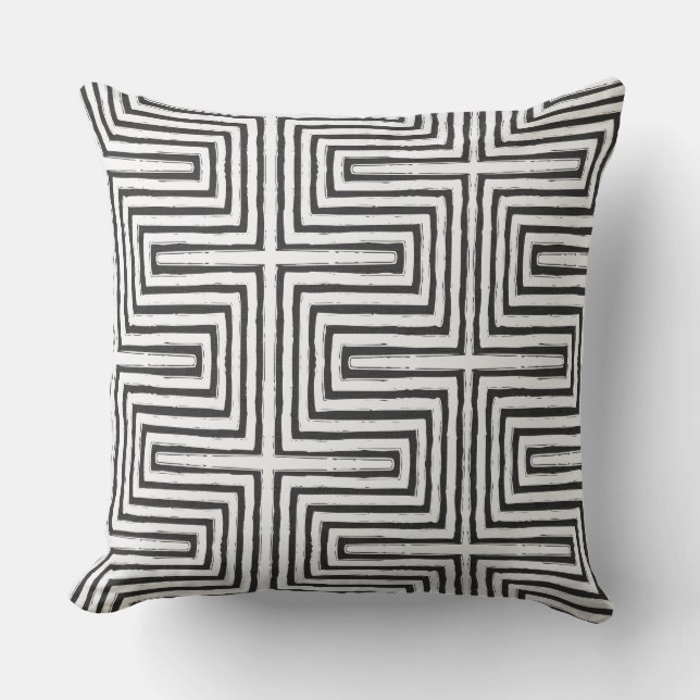 black white Tribal Maze Mud Cloth Pattern African Cushion (Front)