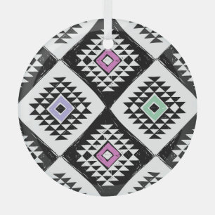 Black White Tribal Navajo Pattern Glass Tree Decoration