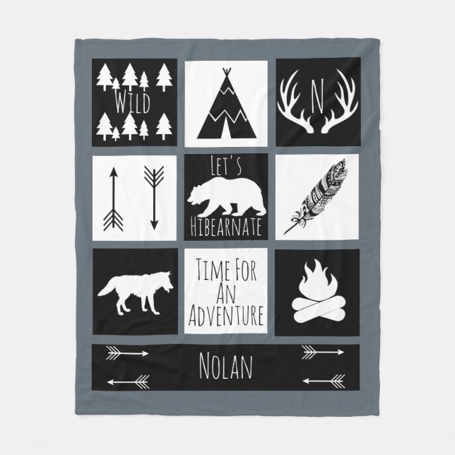 Black & White Tribal Wild Woodlands Grey Fleece Blanket (Front)