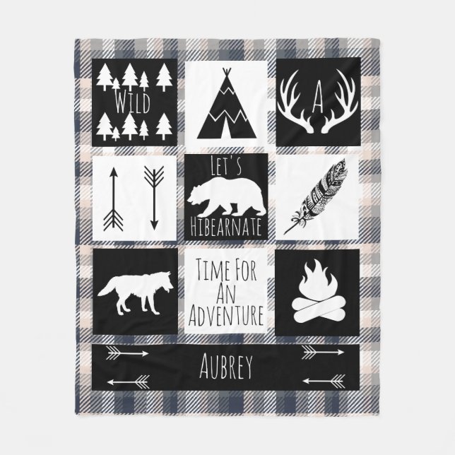 Black & White Tribe Wild Woodland Grey Cream Plaid Fleece Blanket (Front)