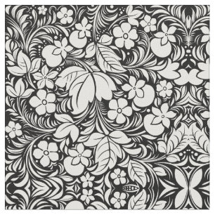 Black White Tropical Floral Damask Fabric