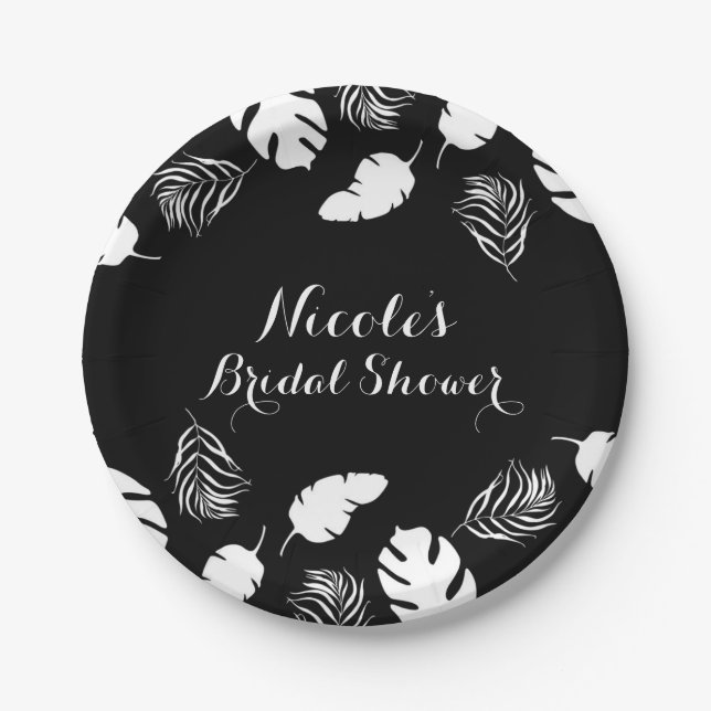 Black & White Tropical Leaves Elegant Chic Party Paper Plate (Front)