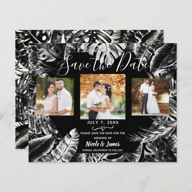 Black White Tropical Leaves Wedding Save the Date  (Front/Back)