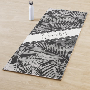 Black & white tropical leaves with name & glitter yoga mat