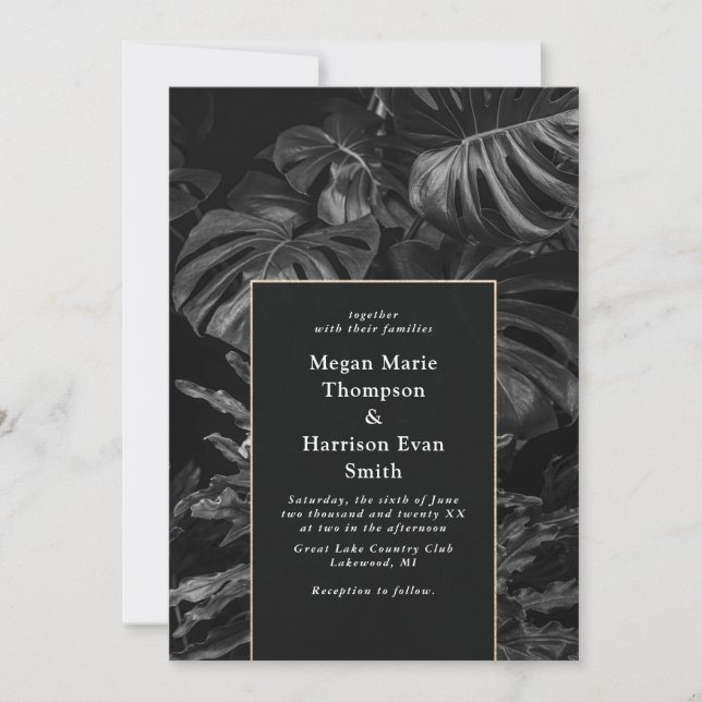 Black White Tropical Monstera Wedding Invitation (Front)