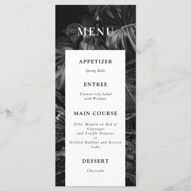 Black White Tropical Monstera Wedding Menu (Front)