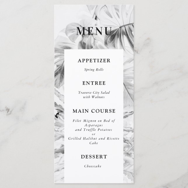 Black White Tropical Monstera Wedding Menu (Front)