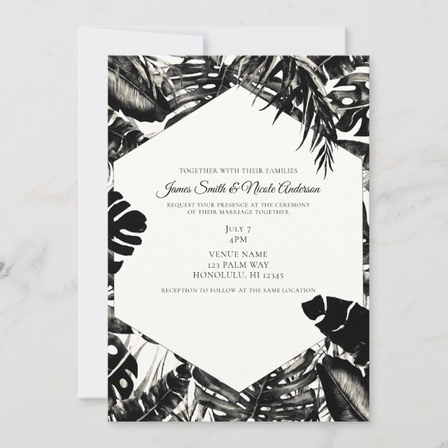 Black & White Tropical Palm Leaves Wedding  Invitation (Front)