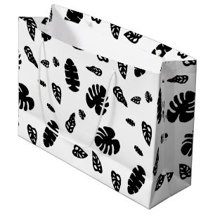 Black & White Tropical Summer Leaves Pattern Large Gift Bag