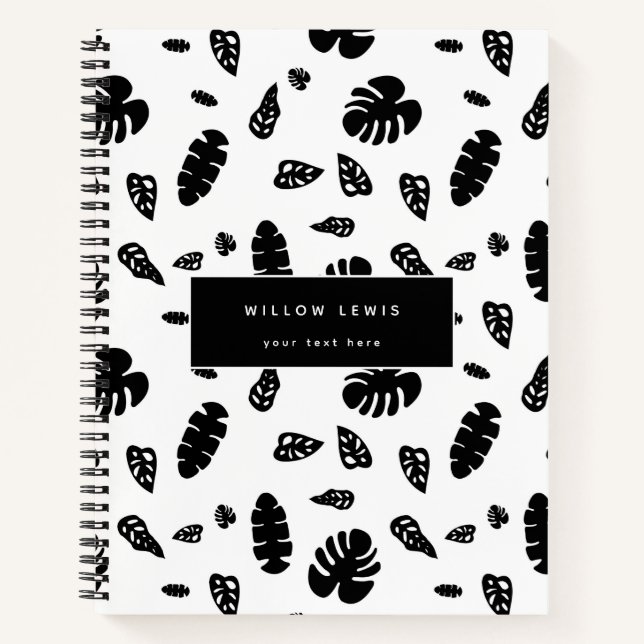 Black & White Tropical Summer Leaves Pattern Notebook (Front)