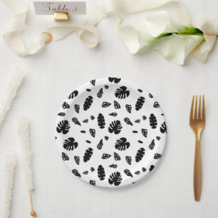 Black & White Tropical Summer Leaves Pattern Paper Plate