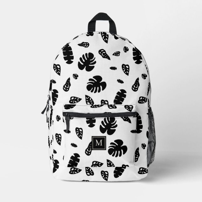 Black & White Tropical Summer Leaves Pattern Printed Backpack (Front)