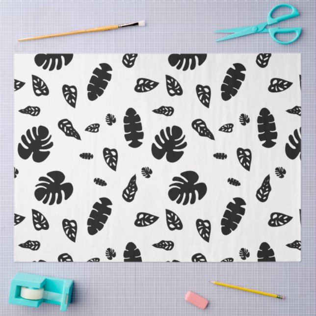 Black & White Tropical Summer Leaves Pattern Tissue Paper (Craft)