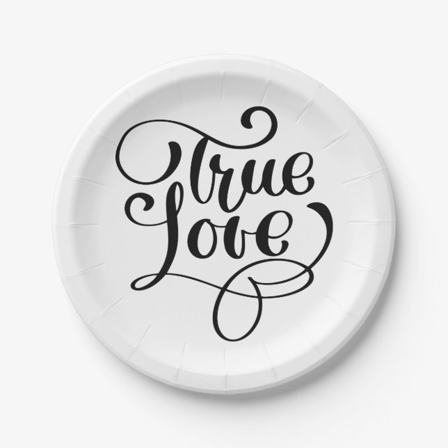 Black & White True Love Typography Wedding Party Paper Plate (Front)