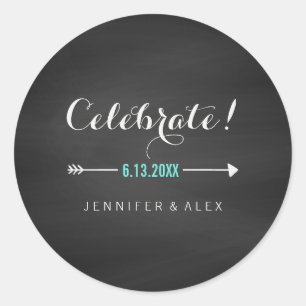 Black White Turquoise Chalkboard Celebrate Wedding Classic Round Sticker