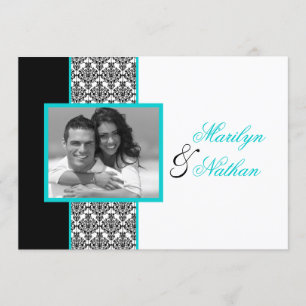 Black White Turquoise Damask Photo Wedding Invite