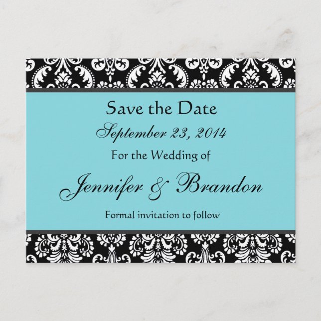 Black White Turquoise Damask Save Date Postcard (Front)