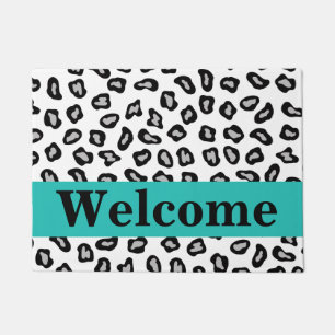 Black White Turquoise Leopard Skin Pattern Welcome Doormat