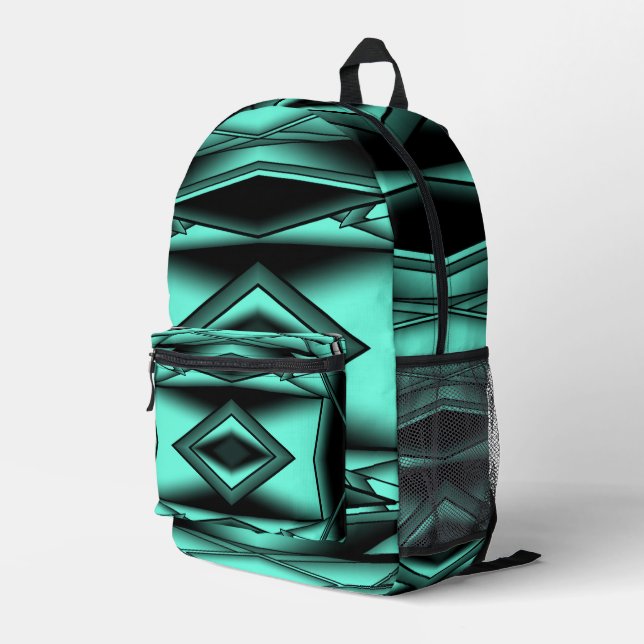 Black White Turquoise Ombre Modern Abstract Art Printed Backpack (Back Corner Right)