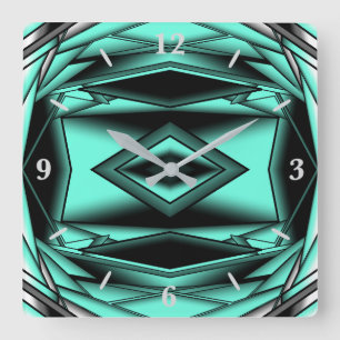 Black White Turquoise Ombre Modern Abstract Art Square Wall Clock