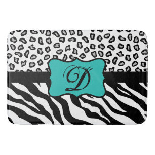 Black White Turquoise Zebra Leopard Skin Monogram Bath Mat