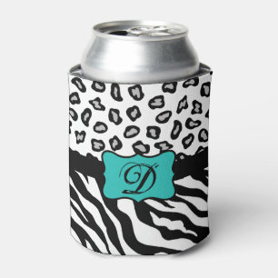 Black White Turquoise Zebra Leopard Skin Monogram Can Cooler
