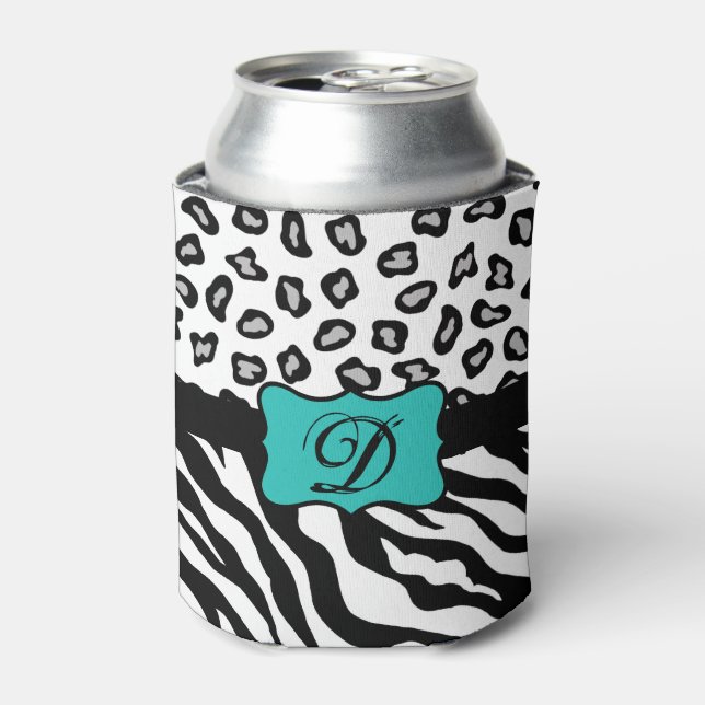 Black White Turquoise Zebra Leopard Skin Monogram Can Cooler (Can Front)