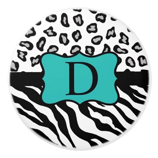 Black White Turquoise Zebra Leopard Skin Monogram Ceramic Knob (Front)
