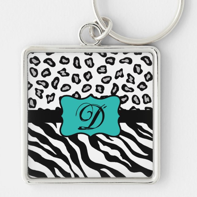 Black White Turquoise Zebra Leopard Skin Monogram Key Ring (Front)