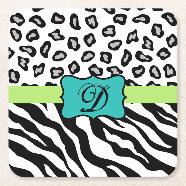 Black White Turquoise Zebra Leopard Skin Monogram Square Paper Coaster (Front)