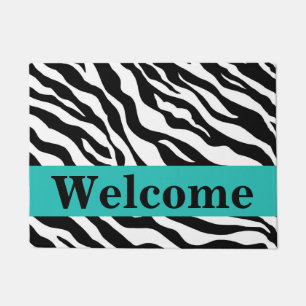 Black White Turquoise Zebra Skin Pattern Welcome Doormat