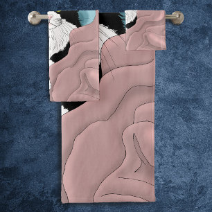Black White Tuxedo cat Blankets Cute Blue Pink Bath Towel Set
