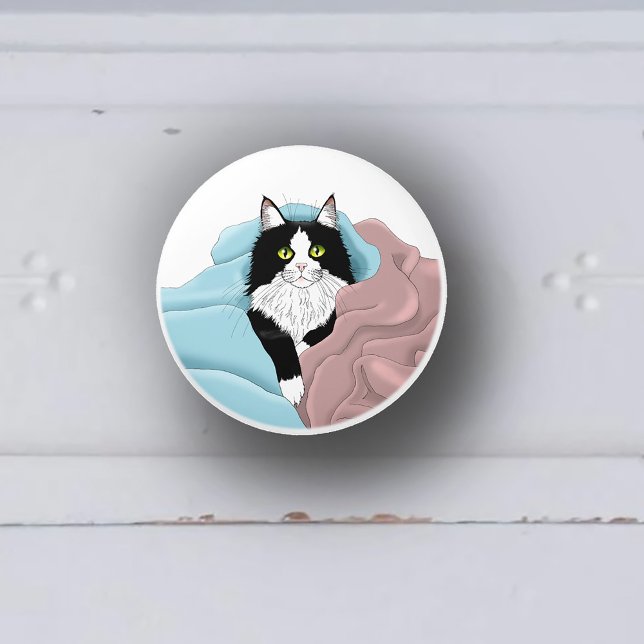 Black White Tuxedo Cat Blankets Cute Blue Pink  Ceramic Knob (Creator Uploaded)