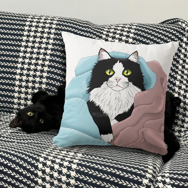 Black White Tuxedo Cat Blankets Cute Blue Pink  Cushion (Creator Uploaded)