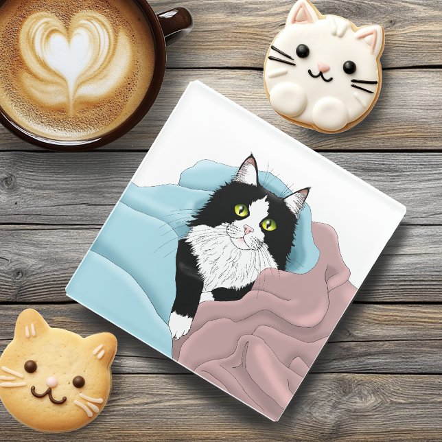 Black White Tuxedo Cat blankets Cute Blue Pink Glass Coaster (Creator Uploaded)