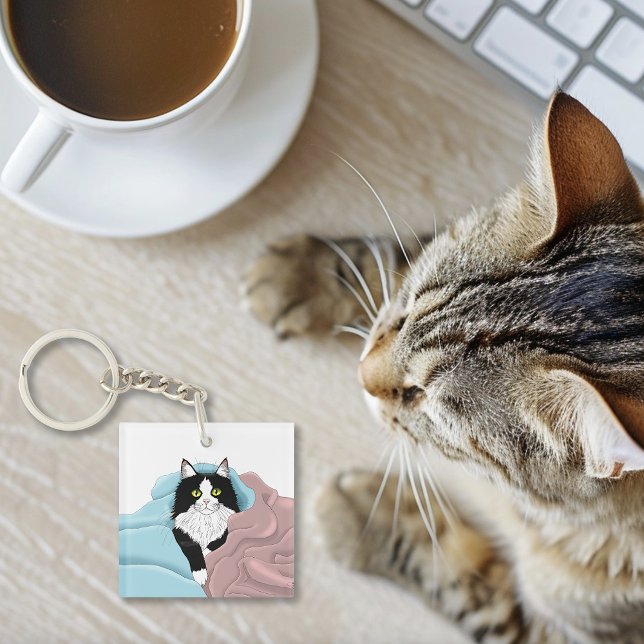 Black White Tuxedo Cat Blankets Cute Blue Pink Key Ring (Creator Uploaded)