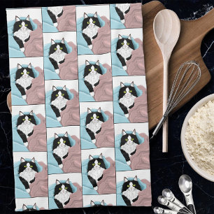 Black White Tuxedo Cat Blankets Cute Blue Pink Tea Towel