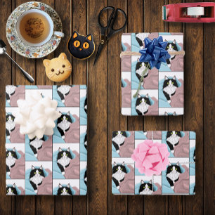 Black White Tuxedo Cat Blankets Cute Blue Pink  Wrapping Paper Sheet
