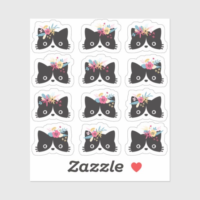 Black & White Tuxedo Cat Faces With Floral Crowns (Sheet)