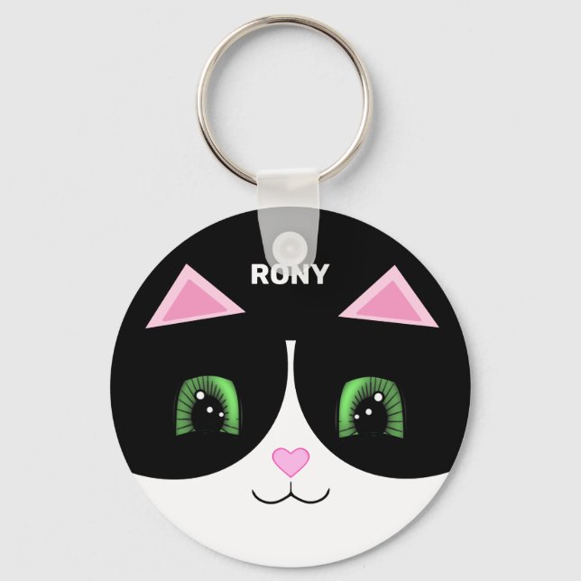 Black & White Tuxedo Cat Happy Face Key Ring (Front)
