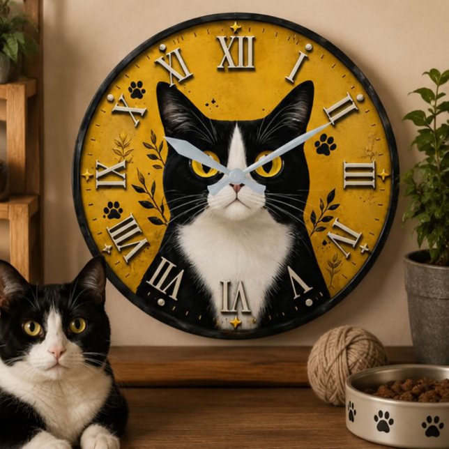 Black & White Tuxedo Cat Home Decor Large Clock (Creator Uploaded)